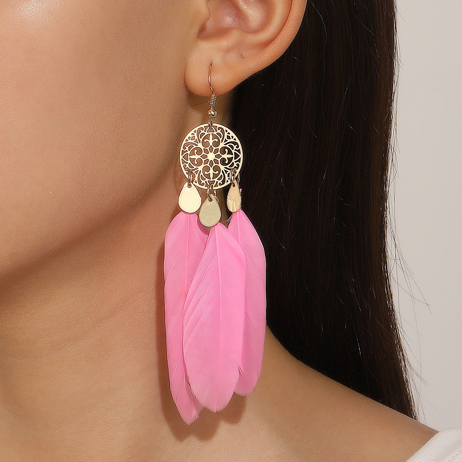 Vintage Fashion Trends 2026 - Exotic Bohemian Pink Feather Tassel Earrings