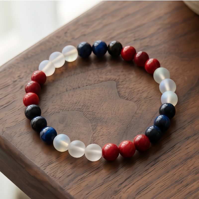 Vintage Fashion In Chinese - 1pc Red/blue/white Tricolor Stone Bead Bracelet,
