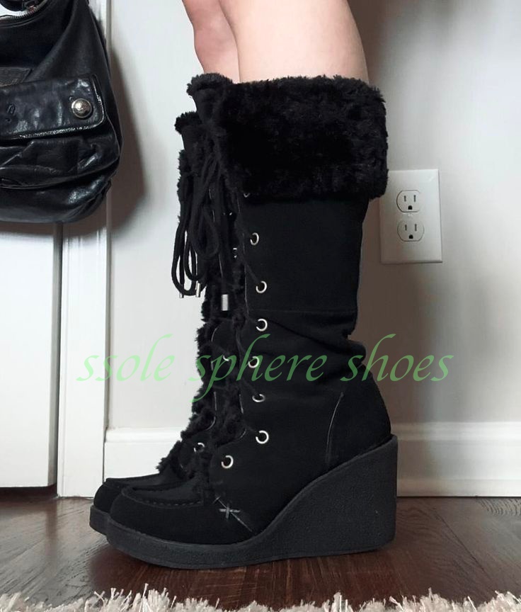 Vintage Fashion Heels - Lady Black Suede Fur Warm Knee
