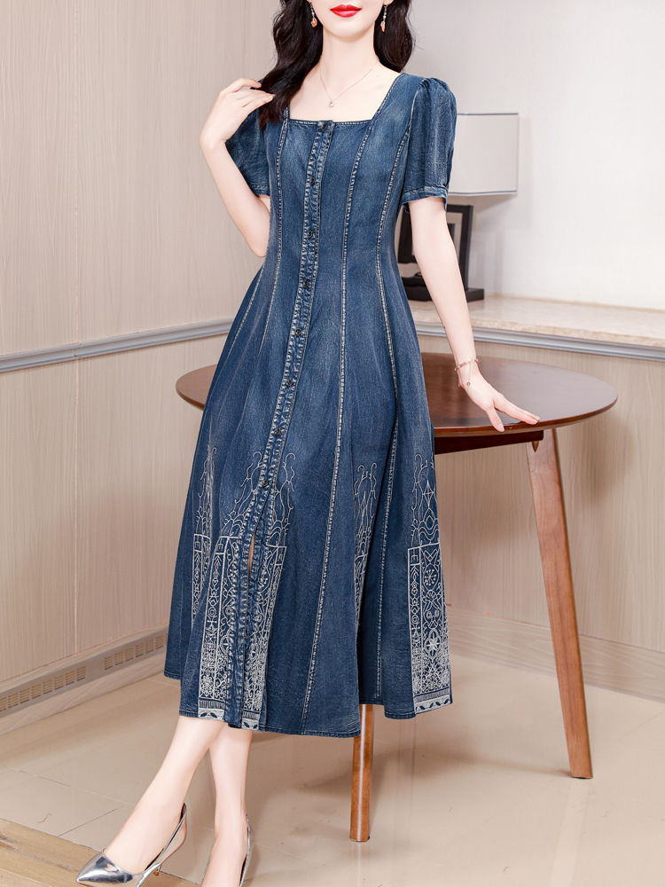 Vintage Fashion Aesthetic - TIYIHAILEY-Long Mid-Calf Short Sleeve Denim Dress,